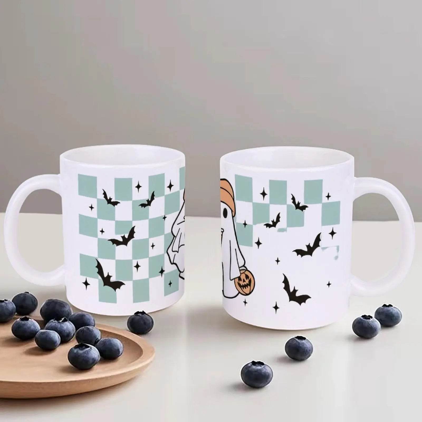 A Cartoon Ghost Holding A Cup Of Coffee And A Pumpkin Cute Mugs, 330ml - Loft&Timber