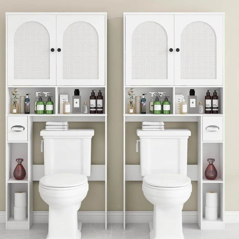 Over-the-Toilet Rattan Storage Cabinet with Double Doors and Toilet Paper Stand, Freestanding - Loft&Timber