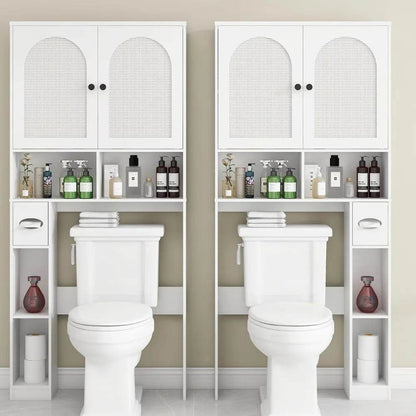 Over-the-Toilet Rattan Storage Cabinet with Double Doors and Toilet Paper Stand, Freestanding - Loft&Timber