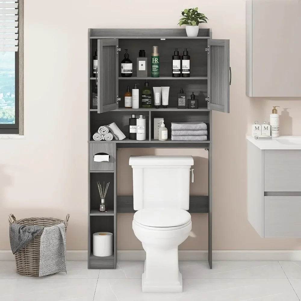 Farmhouse Style Over-the-Toilet Storage Cabinet with Dual Barn Doors, Toilet Paper Holder, and Space-Saving Design for Bathroom - Loft&Timber