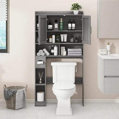 Farmhouse Style Over-the-Toilet Storage Cabinet with Dual Barn Doors, Toilet Paper Holder, and Space-Saving Design for Bathroom - Loft&Timber