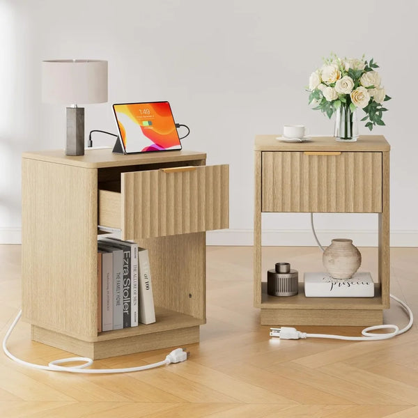 Fluted Nightstand Set of 2 with Charging Station, 18" Bedside Table End Table with Drawer & Open Shelf, Mid Century Modern Night