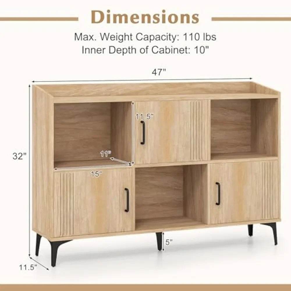 Sideboard with 3 Doors, 3 Open Compartments, Bookcase with 5 Raised Metal Legs - Loft&Timber