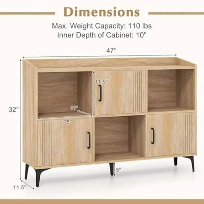 Sideboard with 3 Doors, 3 Open Compartments, Bookcase with 5 Raised Metal Legs - Loft&Timber