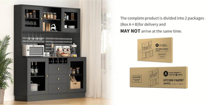 Pantry Cabinet, Kitchen Storage Cabinet, Freestanding Buffet Hutch with Pegboard, Cup Holder, Power Outlet, Black - Loft&Timber