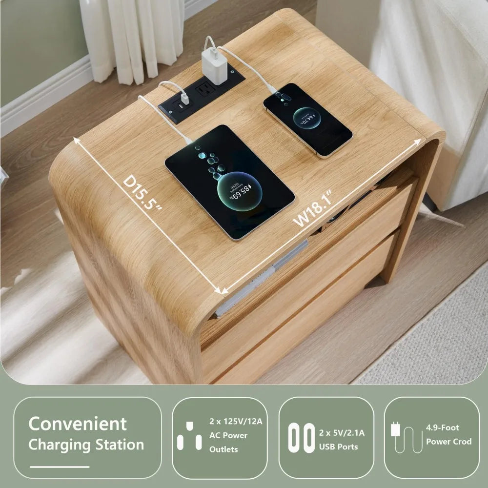 25" Tall Modern Nightstand with Charging Station,23.6'' Wide Wood Bedside Table w/2 Storage Drawers, Large Mid Century End Table