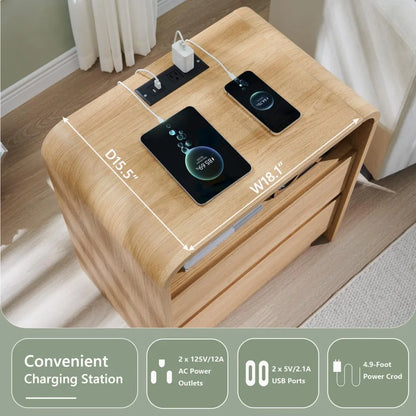 25" Tall Modern Nightstand with Charging Station,23.6'' Wide Wood Bedside Table w/2 Storage Drawers, Large Mid Century End Table
