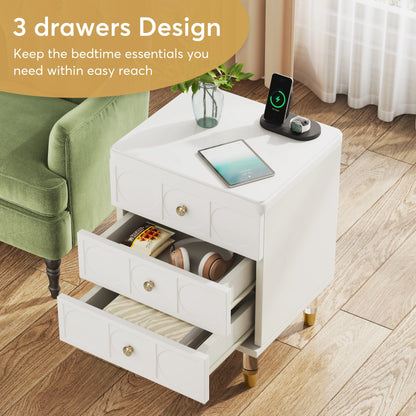 Tribesigns 3-Drawer Nightstand Tall White and Gold Bedside Table with Drawers, Versatile Modern White Night Stand with Storage