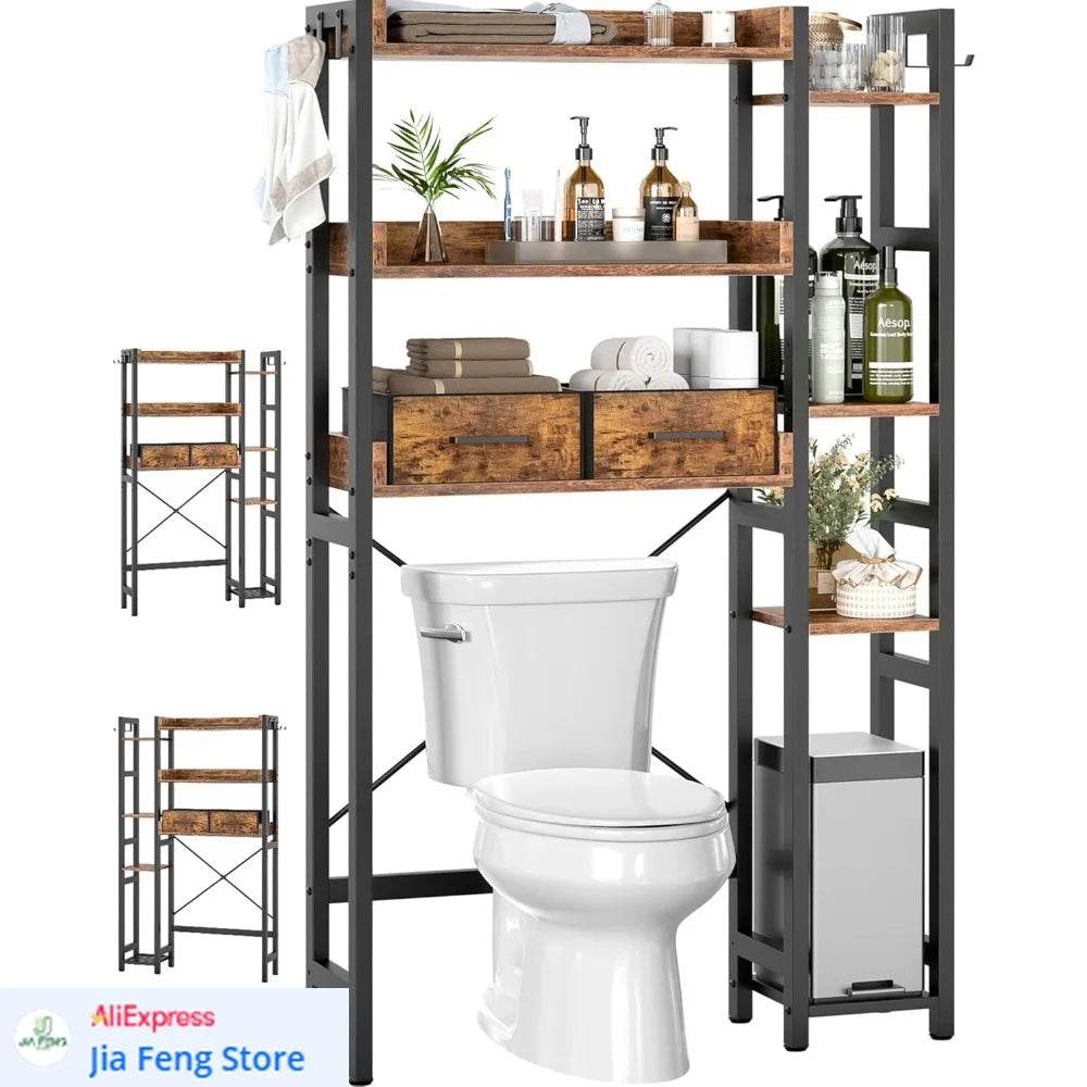 Freestanding 7-Tier Bathroom Organizer with 2 Drawers and Adjustable Shelf for Over-the-Toilet Storage - Loft&Timber
