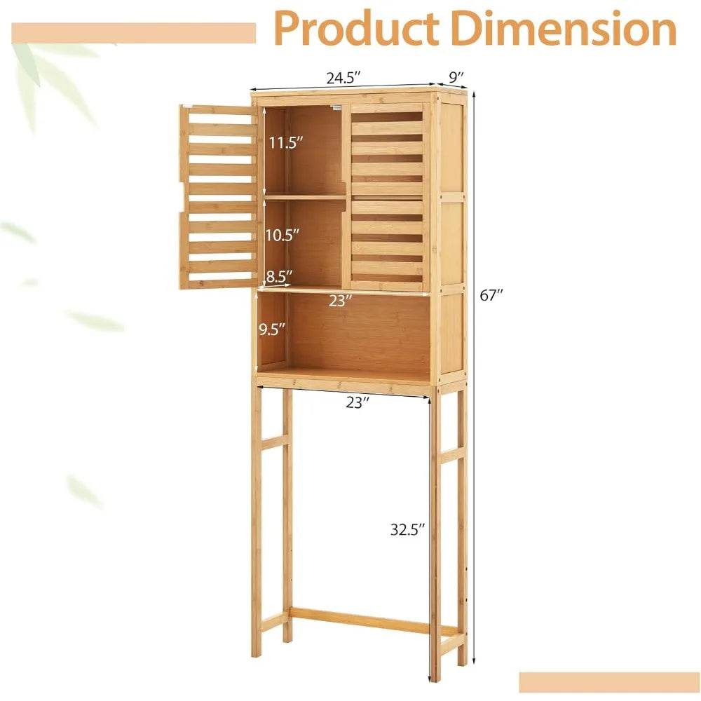 freestanding tall bamboo bathroom shelf with two doors and open storage above toilet - Loft&Timber