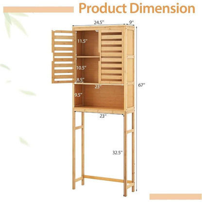 freestanding tall bamboo bathroom shelf with two doors and open storage above toilet - Loft&Timber