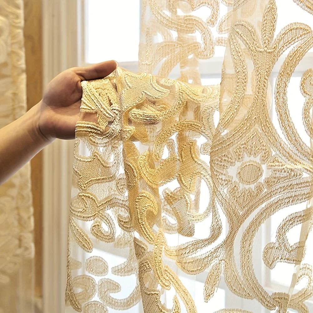 2pcs Luxury European Style Embroidered Curtain, Hollow Lace in Golden - Loft&Timber