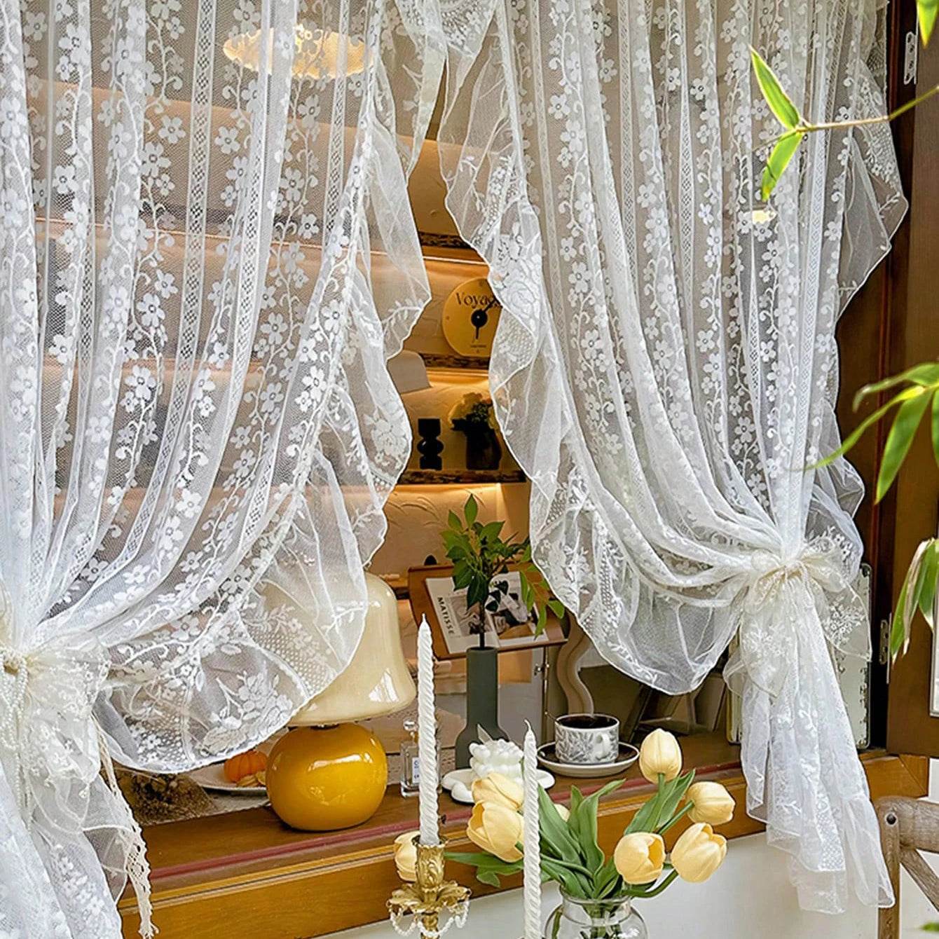 2PC White Embroidered Lace Curtain - Loft&Timber