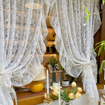 2PC White Embroidered Lace Curtain - Loft&Timber