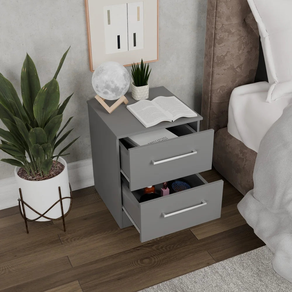 2-Drawer Nightstand Set of 2 Modern Gray Bedside Tables Compact Storage Bedroom Adults Teens Stylish Furniture