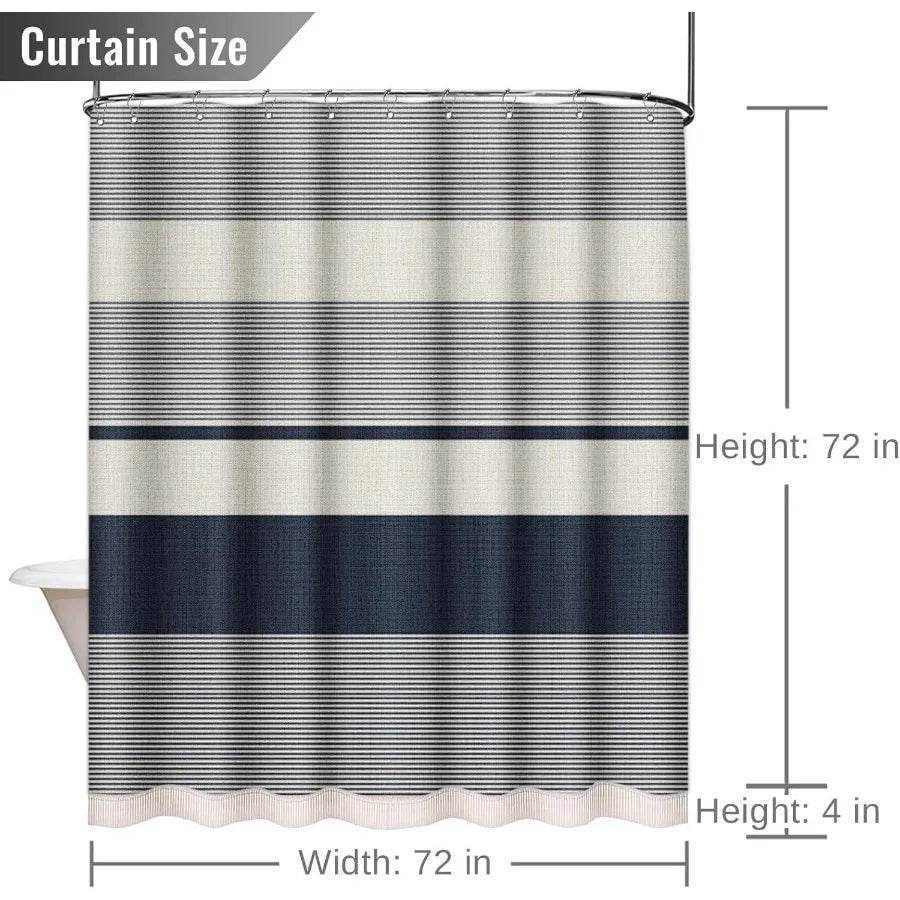 Boho Farmhouse Navy Blue Stripe Tassel Shower Curtain Set 72 x 72 Inches Bohemian Style - Loft&Timber