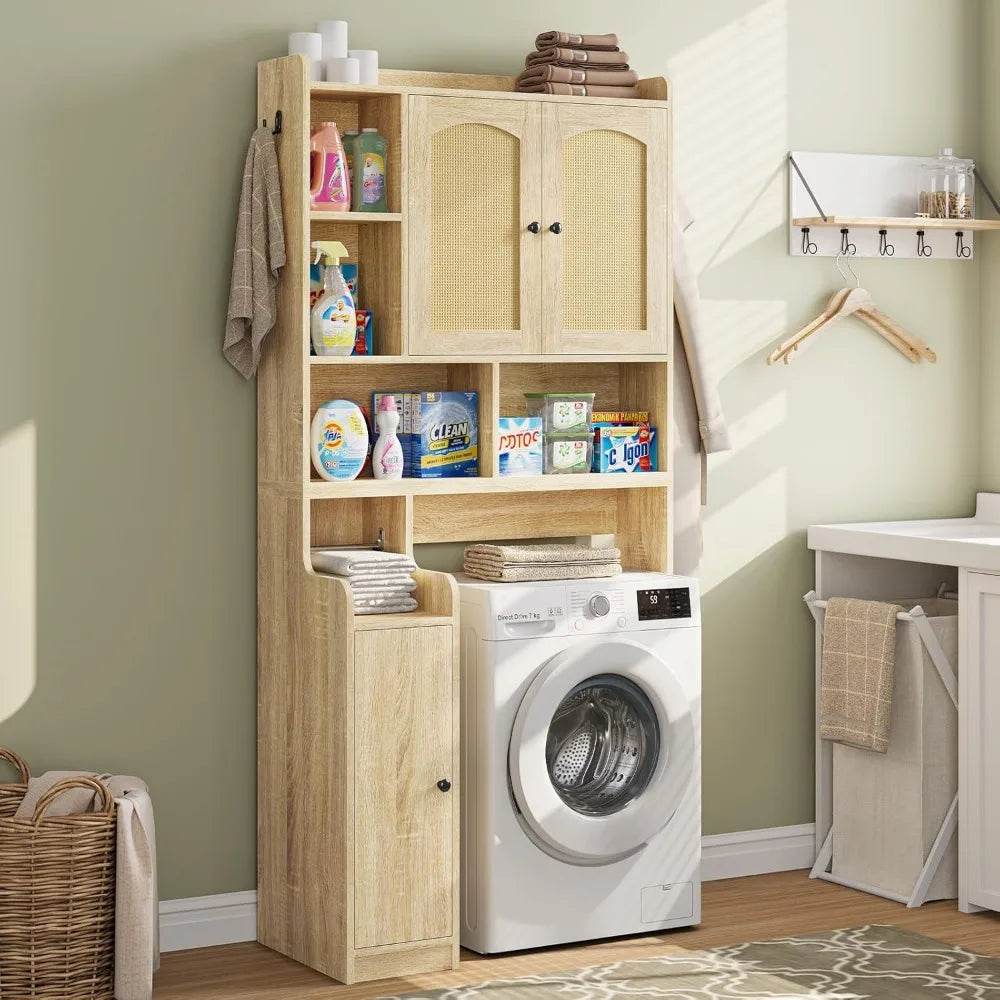 farmhouse style rattan bathroom storage cabinet with over-the-toilet organizer and barn door design - Loft&Timber