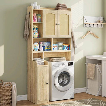 farmhouse style rattan bathroom storage cabinet with over-the-toilet organizer and barn door design - Loft&Timber