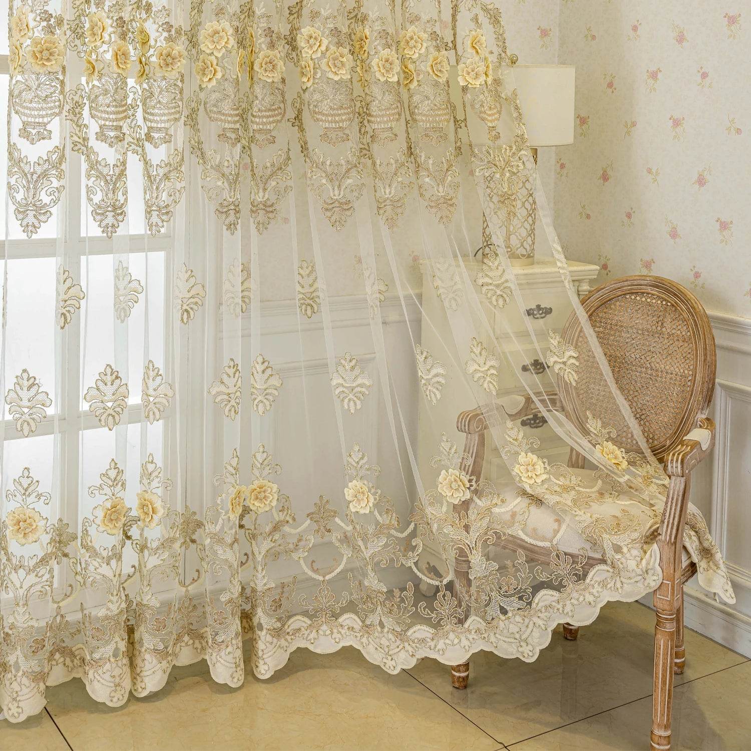 White gauze curtain, luxurious 3D embroidered gauze - Loft&Timber