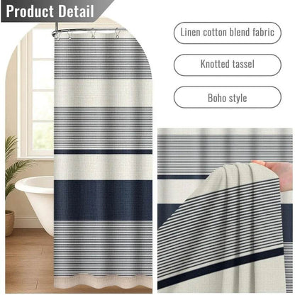 Boho Farmhouse Navy Blue Stripe Tassel Shower Curtain Set 72 x 72 Inches Bohemian Style - Loft&Timber