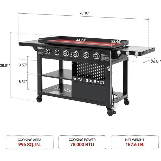 6-Burner Propane Gas Grill Griddle with Foldable Side Tables, 44-Inch Flat Top Grill with Double-Layer Bottom, Ideal for Outdoor - Loft&Timber