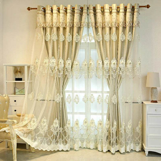 Elegant Double-Layer Curtains with Embossed Base & 3D Embroidered Detailing