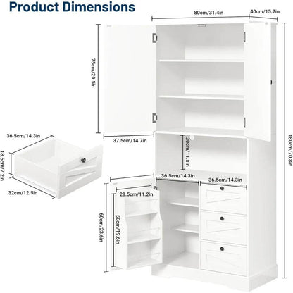 Farmhouse 71 Inch Kitchen Pantry Cabinet, Storage Cabinet with 3 Door Shelves and 3 Drawer, Versatile Storage for Kitchen, Dinin - Loft&Timber