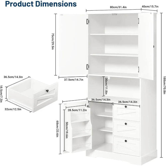 Farmhouse 71 Inch Kitchen Pantry Cabinet, Storage Cabinet with 3 Door Shelves and 3 Drawer, Versatile Storage for Kitchen, Dinin - Loft&Timber