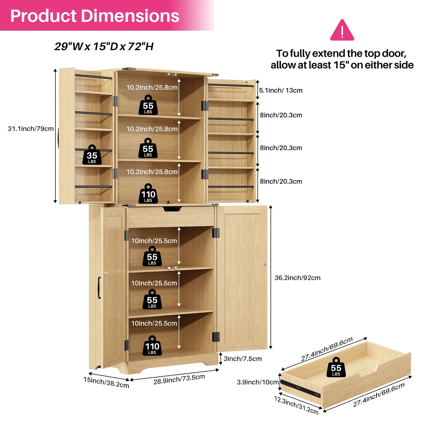 Redlife 72" Kitchen Pantry Storage Cabinet with 8 Shelves 4 Rattan Doors - Loft&Timber