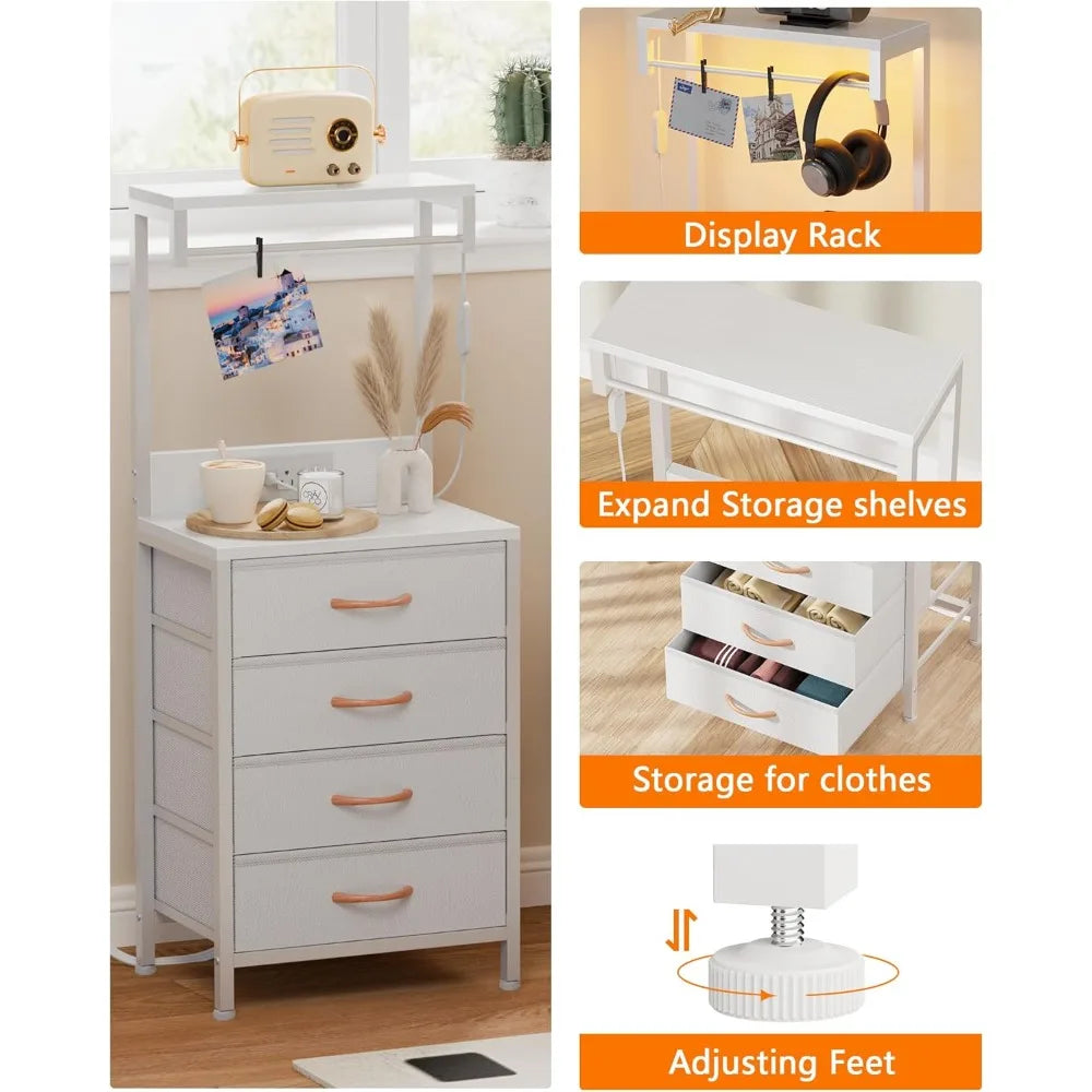 Furnulem Nightstand, White Tall Night Stand with Charging Station and LED Lights, Bedside Table for Bedroom, Office, Hallway, 4