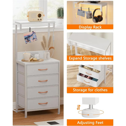 Furnulem Nightstand, White Tall Night Stand with Charging Station and LED Lights, Bedside Table for Bedroom, Office, Hallway, 4
