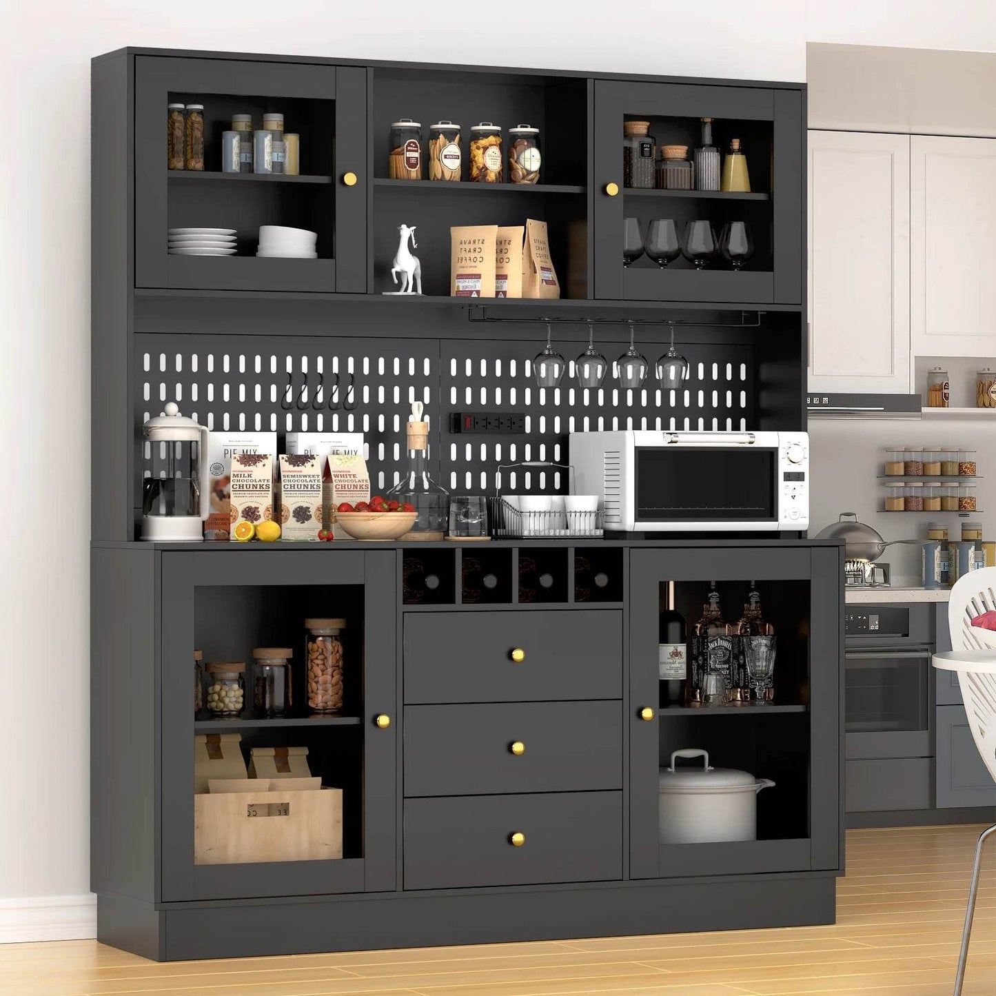 Pantry Cabinet, Kitchen Storage Cabinet, Freestanding Buffet Hutch with Pegboard, Cup Holder, Power Outlet, Black - Loft&Timber