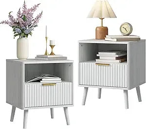 Fluted Nightstand with Drawers, 16'' Wide Wood End Table for Bedroom, Small Space Bedside Table, Modern Night Stand for Living