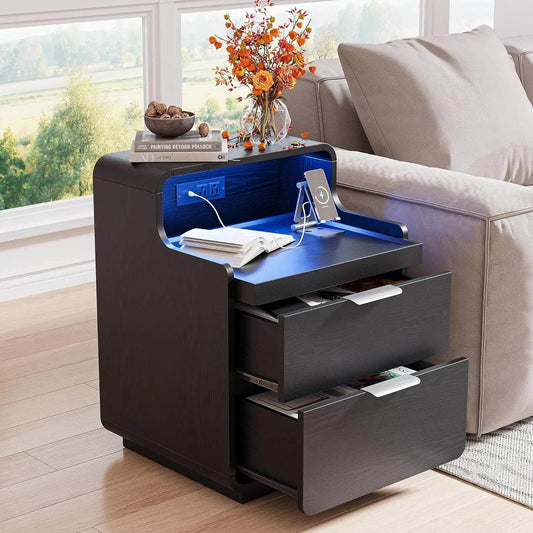 LIKIMIO Nightstand with Charging Station and LED Lights - Loft&Timber
