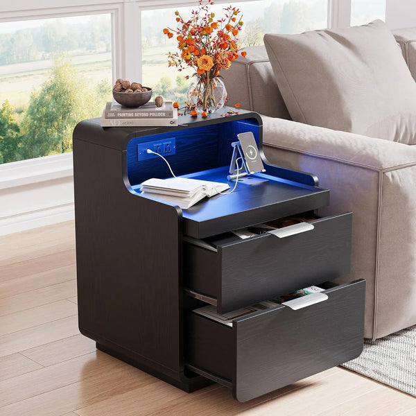 LIKIMIO Nightstand with Charging Station and LED Lights