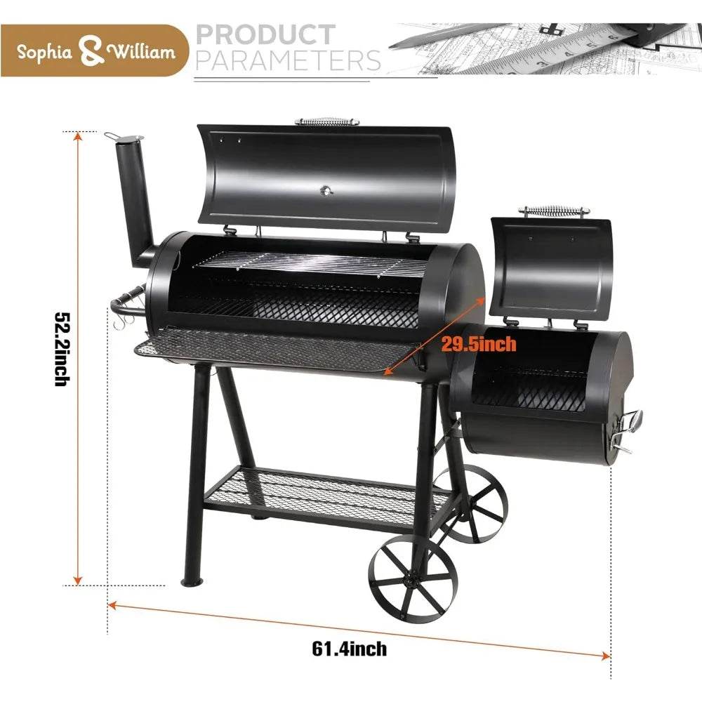 Heavy-Duty Charcoal Smoker Grills Extra Large Outdoor BBQ Gill with Offset Smoker, 941 SQ.IN. Cooking Area with Warming Tray - Loft&Timber