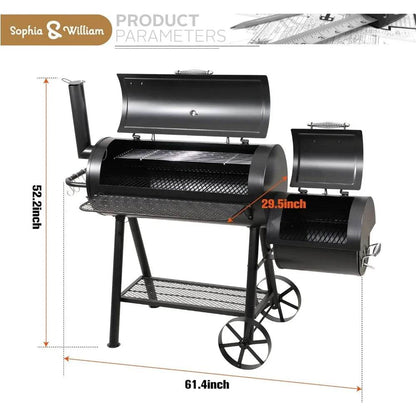 Heavy-Duty Charcoal Smoker Grills Extra Large Outdoor BBQ Gill with Offset Smoker, 941 SQ.IN. Cooking Area with Warming Tray - Loft&Timber