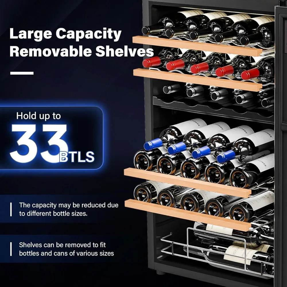33 Bottle Wine Fridge, Dual Zone Wine and Beverage Refrigerator with Independent Temp & LED Control Panel - Loft&Timber