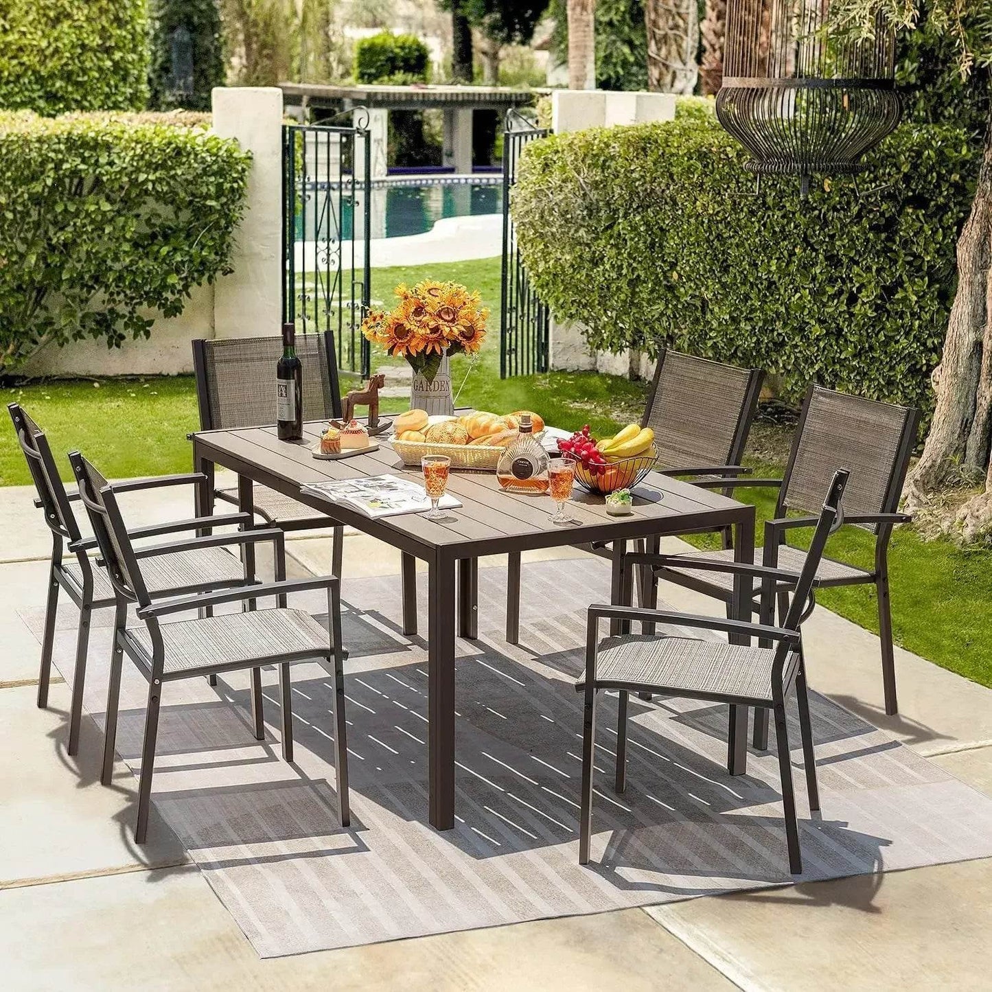 Patio Dining Set 7 Pieces Outdoor Furniture with Large Table and 6 Textilene Chairs - Loft&Timber