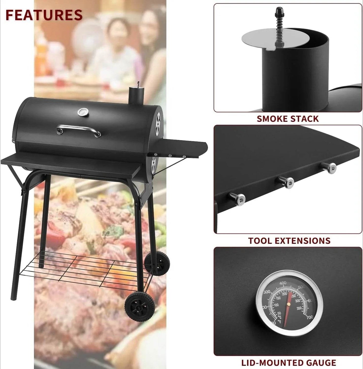 Charcoal Grills Outdoor BBQ Grill 30INCH Barrel Charcoal Grill with Side Table, Outdoor Backyard Camping Picnics - Loft&Timber