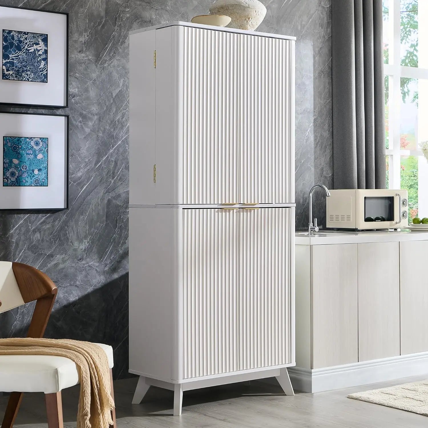 Fluted Kitchen Pantry, 72" Tall Mid Century Modern Storage Cabinet with Adjustable Shelves - Loft&Timber
