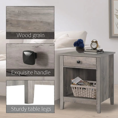 Nightstands - Set of 2 Wooden Night Stands, Bedside Tables, with Drawers, Farmhouse Style Bedroom Furniture (Grey Wood Grain, 1