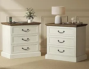 Nightstand with Charging Station, 3 Drawer Night Stand Set of 2, 22 Inch Wider Side Table with Storage, Farmhouse Nightstand wi