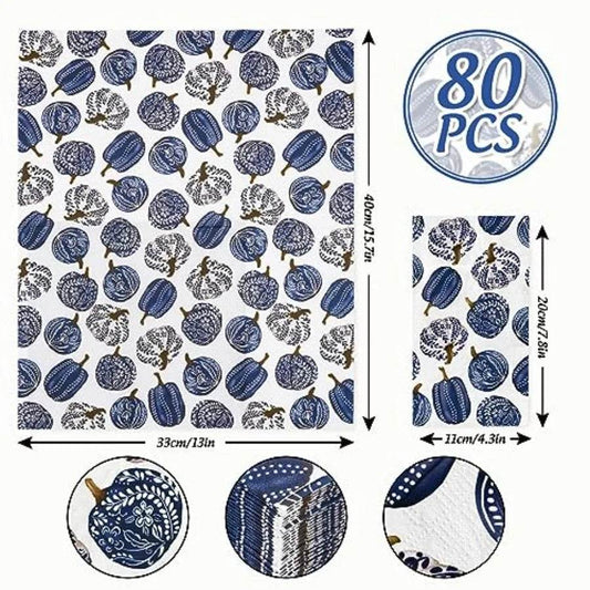 80 Pack Porcelain Pumpkins Guest napkins Disposable Blue Botanical Leaves