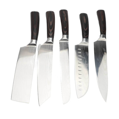 Set Kitchen Cutter Set 5CR15 Stainless Steel Wood Handle Damascus Pattern - Loft&Timber