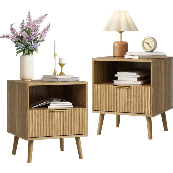 Fluted Nightstand with Drawers, 16'' Wide Wood End Table for Bedroom, Small Space Bedside Table, Modern Night Stand for Living