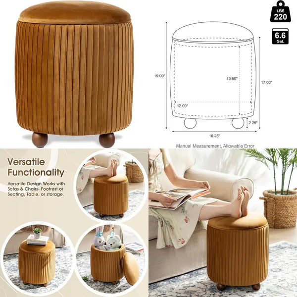 Modern Velvet Upholstered Round Ottoman with Storage, Pleated Small Foot Stool, Contemporary Vanity Accent Stool
