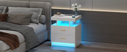JDPAG LED Nightstand with Wireless Charging Station,Black Night Stand with 2 Drawers,Glass Top Smart Bedside Table