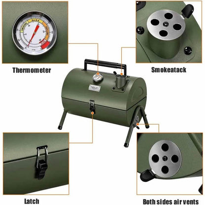 Portable Adjustable Charcoal Grill for Outdoor Hiking and Picnics - Multi-Functional Metal BBQ Smoker in Green - Loft&Timber