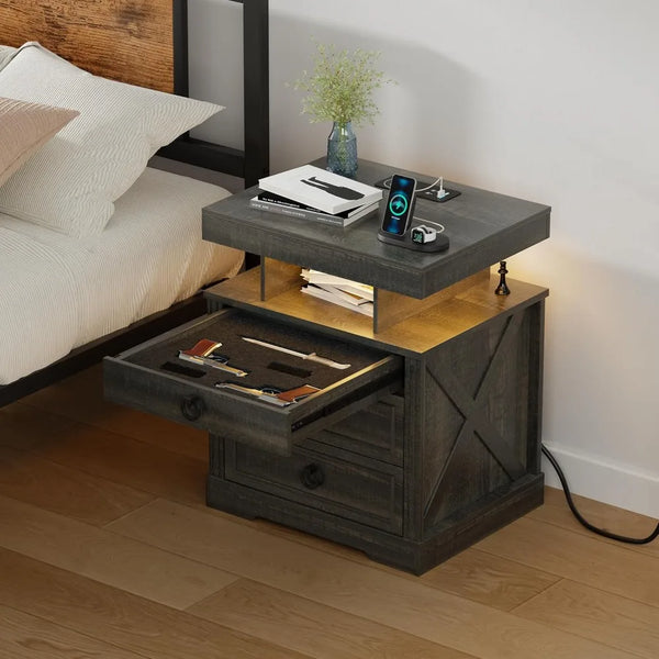 Nightstand with Gun Drawer, LED Bedside Table with Charging Station, Modern Night Stand with Human Sensor Design, Smart E